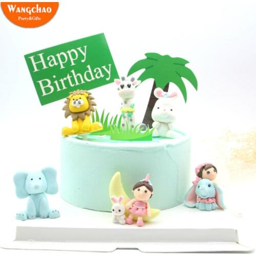 Soft Pottery Animals Cake Topper Lion Giraffe Rabbit Elephant Polymer Clay Kids Favors Cartoon Cake Decoration Party Supplies