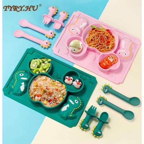 TYRY.HU Baby Silicone Plate Kids Bowl Plates Dinosaur Cartoon Spoon Fork Set Baby Feeding Silicone Bowl Dishes Kids Tableware