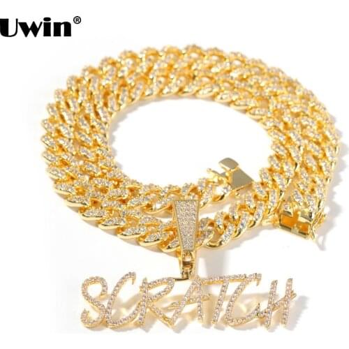 Uwin Cursive Name Necklace Brsuh Letters Pendant Necklaces with 12mm Iced Out Cuban Chain Big Bail Names Hiphop Jewelry