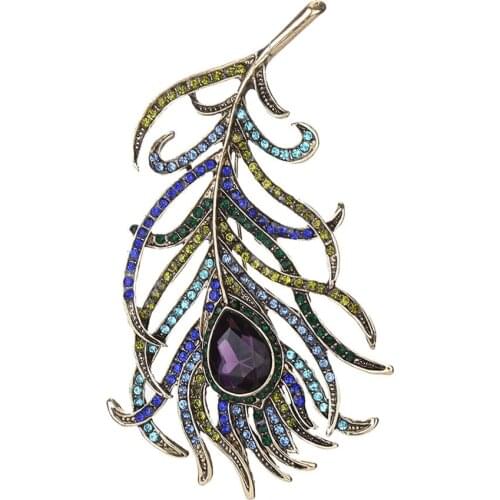 Vintage Feather Bronze Brooch Pin Antique Women Brooch Pin Gold Plating Arabesque Rhinestone Turkish Brooch Lapel Scarf Broches