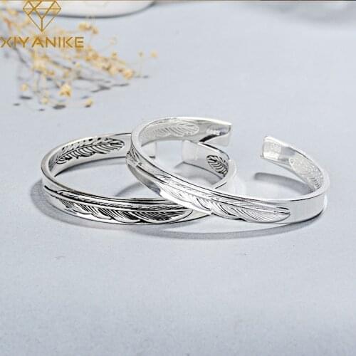 XIYANIKE 925 Sterling Silver Vintage Charming Feather Bracelets Bangles Simple Handmade Jewelry For Women Payty Birthday Gift