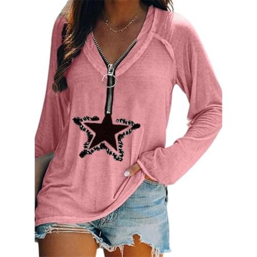 Women T-shirt Five-pointed Star Print Deep V Neck Autumn Winter Loose Long Sleeve Zipper Top Shirt Streetwear
