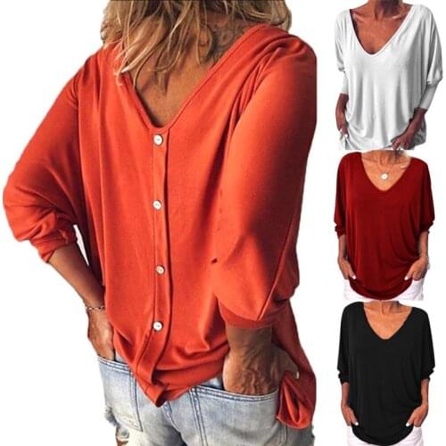 European and American Women Clothing V Collar Bat 3/4 Sleeve Back Button T-shirt Women Top in Stock Cotton Long