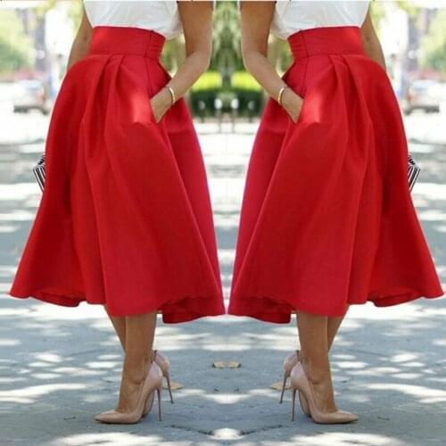 Ladies High Waist Swing Hepburn Skirt a Line Pleated Midi Ball Gown Long Solid Color Elegant Temperament Versatile 2020 Hot New