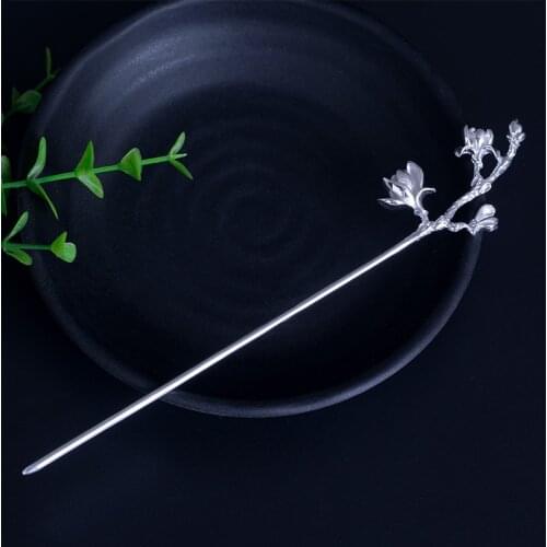 S925 Sterling Silver Natural Magnolia Flower Hairpin For Women Chinese Retro Style Women Hair Clip Vintage Jewelry Accessories