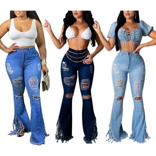 Women Denim Flared Trousers, Hole Tassel Decoration High Waist Design Summer Clothing