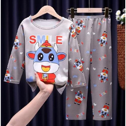 2-14 years Boys Pajamas Sets Casual Silk Sleepwear Children Pajamas Gray Long Sleeve Tops Pants Nightwear Sets