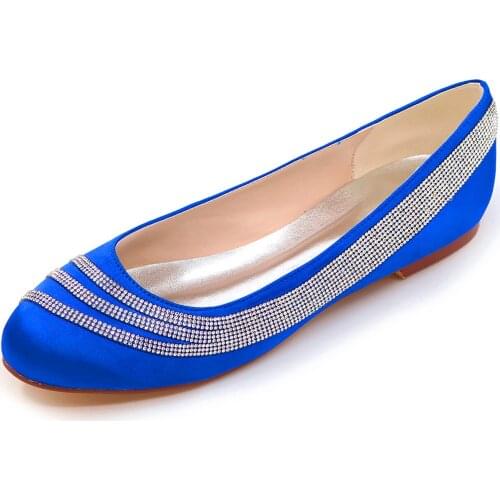 Only 1 pair - size 41 royal blue satin dress flats w/ crystal rhinestone chain rounded toe lady flat shoes bridal wedding prom