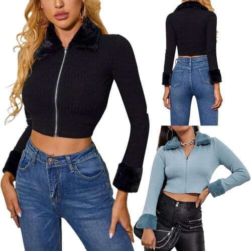 Womens Solid Color Crop Tops, Long Sleeve Plush Lapel Collar Rib Knit Full Zip Jackets