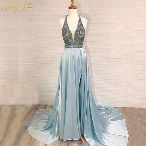 Blue Prom Dresses 2020 Halter V Neck Evening Gowns Beading Top Wedding Party Dresses Satin Formal Dresses Vestidos Open Back