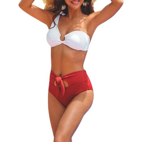 Women Bikini, No-Pad Swimsuit, Hollow Ring One Shoulder Beach Pool Party High Waist Shorts 2pcs Wear