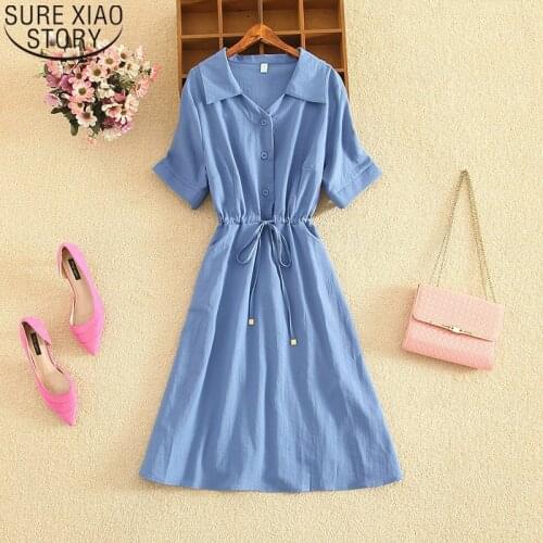 Summer Short Sleeve Dress High Waist A-line Long Dress Sweet Peter Pan Collar Dress Women Button Lace-up Dresses Vestido 15858
