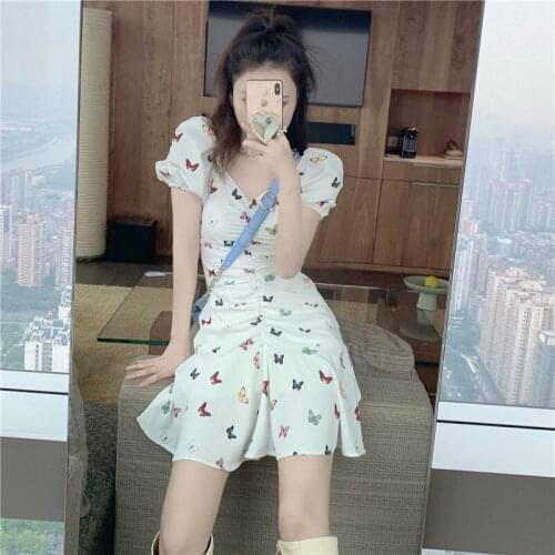 2020 Dress Retro Butterfly Print Purple Female Summer Waist Folds Exposed Clavicle Sleeve Short Skirt