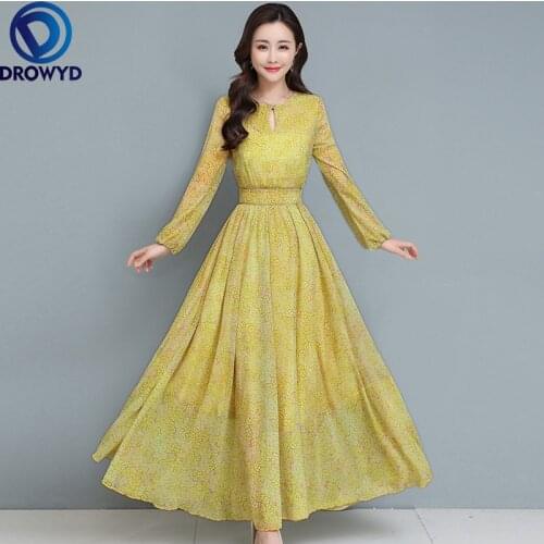 Fashion Chiffon Long Sleeve Green Dress 2021 Spring Summer Temperament Printed Super Long Womens Clothing Runway Party Vestidos