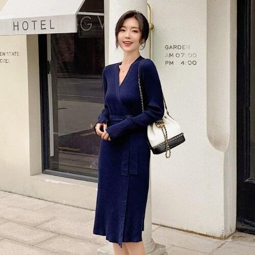 Women Knitted A Line Dress Ol Style Long Sleeve Thick Sweater Dress Winter V Neck Sashes Robe Pull Woman Knitwear Dress AA5139