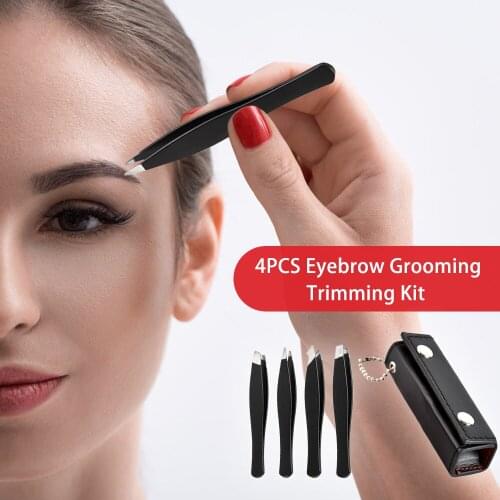 New 4Pcs Eyebrow Grooming Trimming Kit Ingrown Hair Removal Precision Stainless Steel Tweezers with Leather Case for Eyebrows