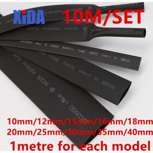 10meters/set Black 2:1 Heat Shrink Tubing Black Cable Wire Sleeving Wrap 10mm 12mm 15mm 16mm 18mm 20mm 25mm 30mm 35mm 40mm