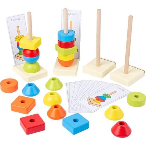 Baby Toy Montessori Colored Stack Blocks Geometric Shape Building Blocks with Cards Toys Solid Wood Early Learning Kindergarten