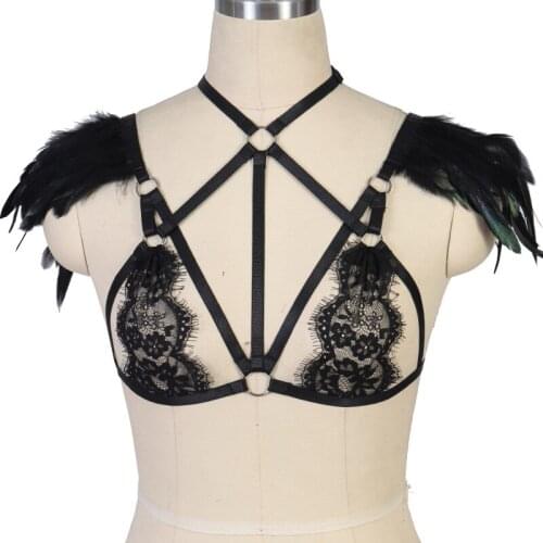 Fetish Feather Wings Lace Harness Epaulettes Adjust Lingerie Bondage shoulder Body Harness burningman halloween burlesque