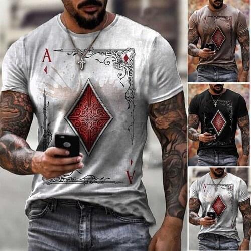 Mens Poker Cards Square Diamond Printed T-shirt Short Sleeve Casual Tee Tops Summer Loose O Neck Tshirt Male Streetwear