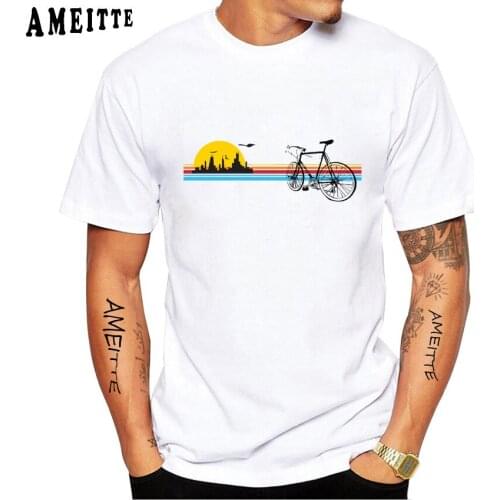 Summer Bike Skyline Sunset Vintage Classic Print T-Shirt Men Funny Bicycle Sport Lovers Boy Tops Bikepacking White Casual Tees