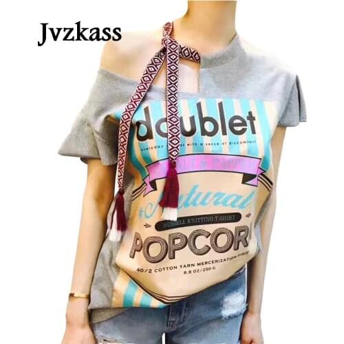 Jvzkass 2020 new summer new version of the loose tassel tie leaking shoulder T-shirt womens cotton bottoming shirt tide Z125