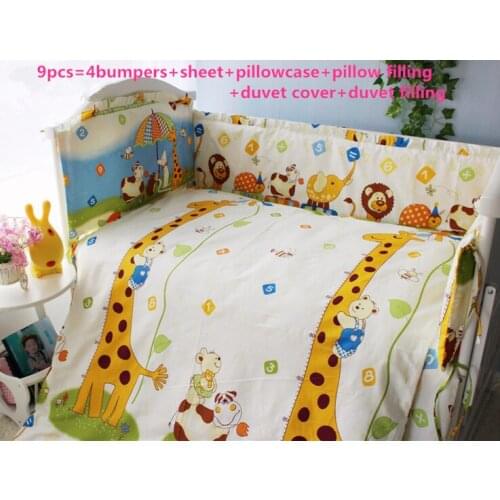 Discount 9pcs Full Set Cot Set Cribs for Girls Baby Set Nursery Crib Bedding Cotton Reactive Printing,4bumper/sheet/pillow/duvet