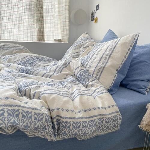 4Pieces Yarn Dyed Wasehed Cotton Boho Bedding set blue white Tribal Striped Geometric Print Duvet Cover with Zipper Ultra soft