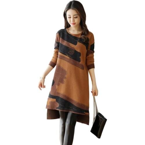 Fashion Printed Women Lady Casual Long Sleeve Round Neck Knitted Pullover Dress Casual Round Neck Knitted Pullover Dress Women