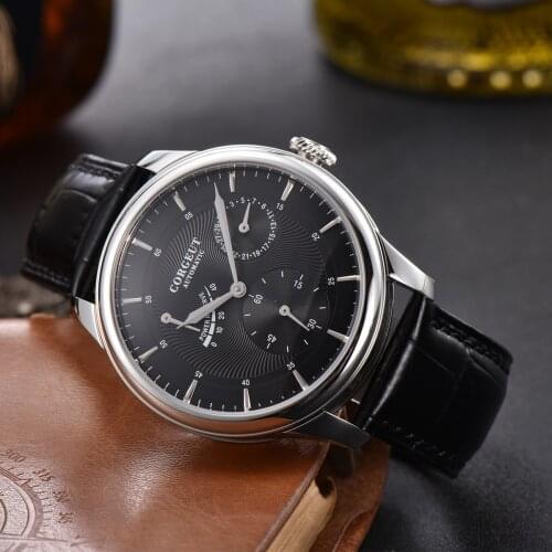 CORGEUT Fashion Brand 42mm Power Reserve Mens Watch Blue Dial Steel Case Leather 316L Automatic Clock Mens Mechanical Watch