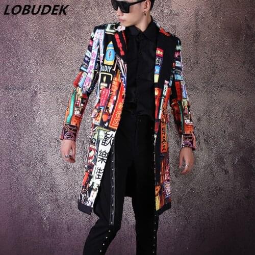 Punk Style Vintage Printed Casual Blazer Tide Male Singer Slim Long Coat Stage Clothes Bar Nightclub Concert Performance Blazers