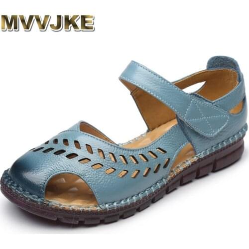 MVVJKE New Handmade Genuine Leather Summer Sandals Women Comfortable Flat Soft Bottom Hollow Gladiator Sandals For Mother shoes