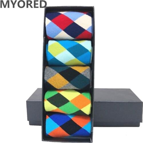 MYORED 5 pair/lot mens cotton classical Colorful Diamond Funny Sock man crew grid Socks birthday gift socks casual dress NO BOX