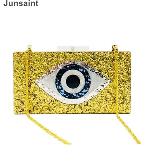 Brand new golden eyes sequins patchwork clutch purse luxury party acrylic evening bag bling bling women stylish chains hard case