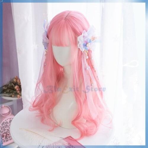 Coral Pink Lolita Wig Harajuku Long Curly Sweet Cute Synthetic Hair Bangs Adult Girls Cosplay Dailywear