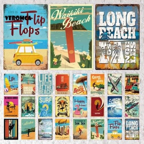 Landscape Tin Sign Long Beach Vintage Metal Sign Retro Plates Plaque Sign Metal Wall Decor Wall Poster for Garden Decoration