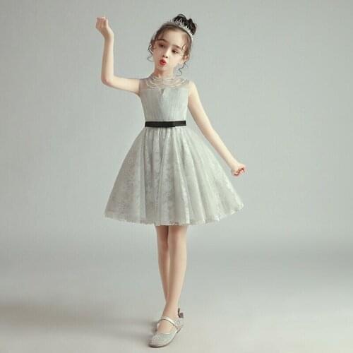 Flower Girl Dresses Illusion Pleat Princess Knee-Length Beading Crystal Pearls O-Neck Sleeveless Light Gray Kids Party Gown H391