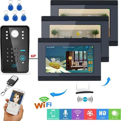3 Monitors 7" Wired / Wireless Wifi RFID Password Video Doorbell Intercom System with IR-CUT HD 1000TVL Camera Night Vision
