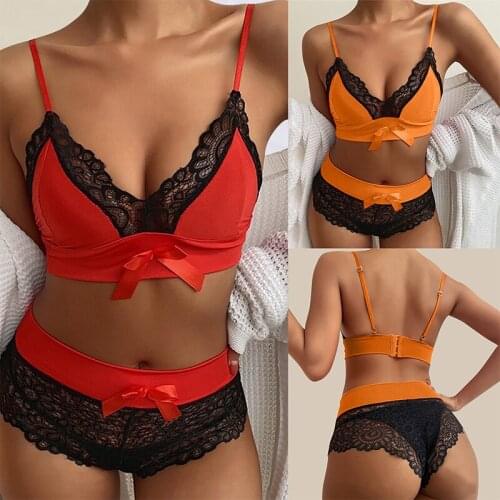 Satin Bowknot Red Bra Set Women Lace Trim Nightwear Sexy Lingerie Set Seamless Push Up Bra Brief Sets Sexy Crop Top Underwear