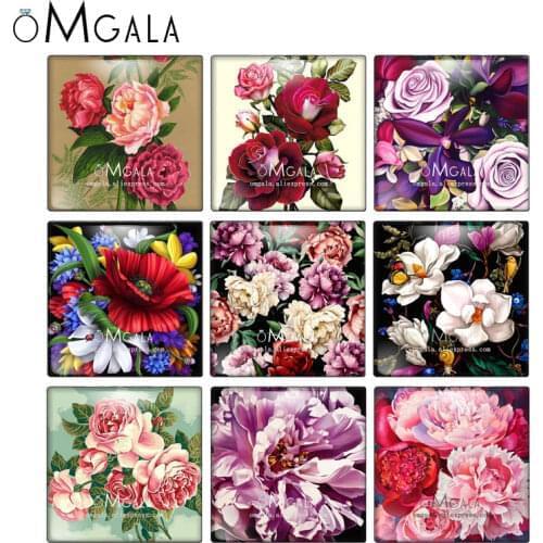 Vintage Red Rose Flowers Oil Paintings 10pcs mixed 12mm/20mm/25mm/30mm photo glass cabochon demo flat back Making findings