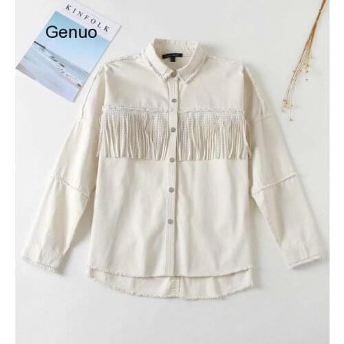 Women Fashion Tassel Beaded Oversized Denim Jacket Coat Women Vintage Long Sleeve Frayed Hem Female Outerwear Chic Tops
