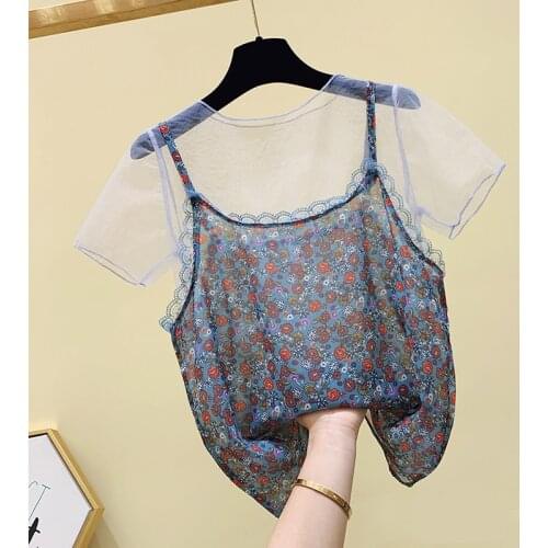 Two-Piece T-Shirts For Women Summer New Design 2021 Mesh Chiffon Floral Preppy Style Female Pulls Tops Tees