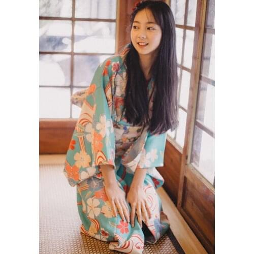 Womens Yukata Traditional Japan Kimono Robe Photography Dress Cosplay Costume sky blue Color flower Prints Vintage Clothin