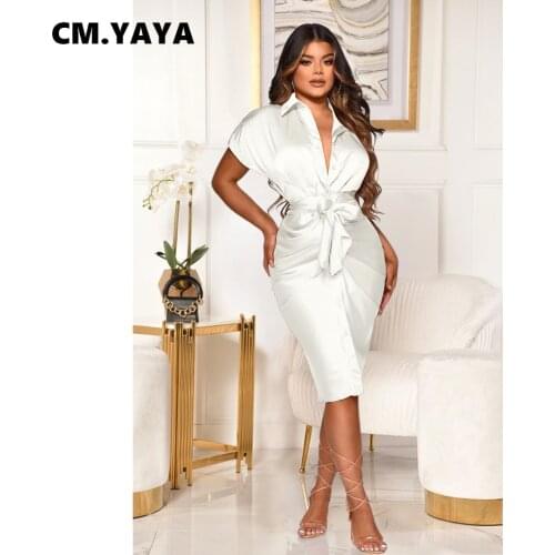 CM.YAYA Women Mini Dress Solid Short Sleeve Turn-down Collar Single Breasted Stacked Bandade Sashes Skinny Dresses Summer Outfit