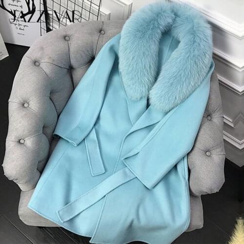 JAZZEVAR 2020 winter Coat Women luxurious Natural Fox Fur Jacket Hand-sewn Cashmere double faced Wool Outerwear Ladies coats