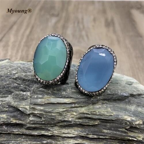10pcs Gun Black Plated Oval Blue And Green Opal Rings.Rhinestone Paved Gem Stone Rings For Women MY210642