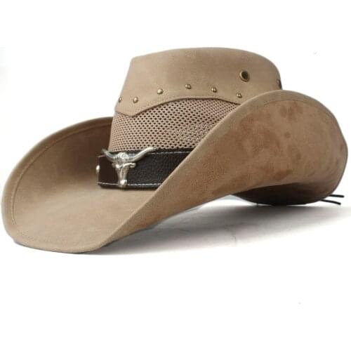 100% Leather Men Women Mesh Western Cowboy Hat Wide Brim Hat Outdoor Sombrero Hombre Cowgirl Hat Cow Belt
