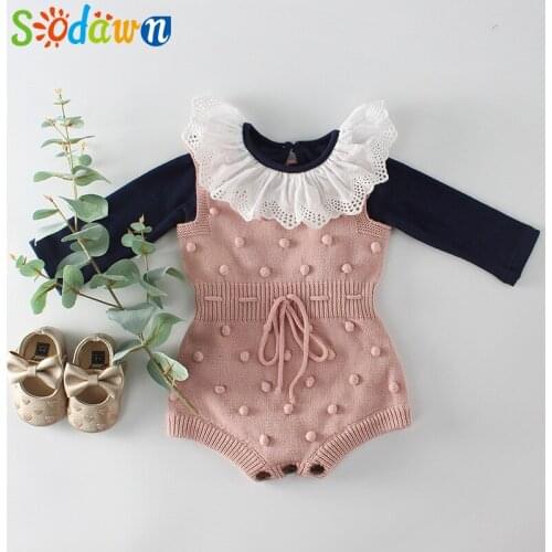 Baby Clothes Spring New Handmade Hair Ball Baby Infant Knitted Sweater Lace Collar Robes Cotton Long Sleeve Jumpsuit 2Pcs Set