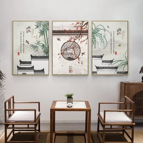 Abstract Traditional Chinese Poster Building Flower Bird Bamboo Canvas Painting Picture Print Wall Art for Living Room Home Deco