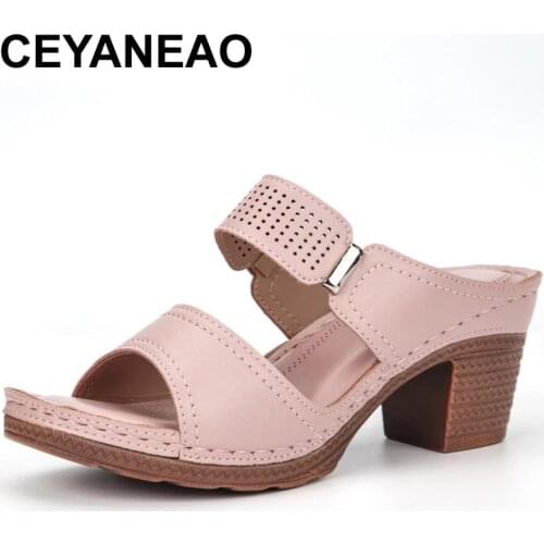 CEYANEAO Women Summer Vintage High Heel Sandals Outdoor Flip-flops Beach Shoes Female Slippers 2021 Casual Open Toe Shoes